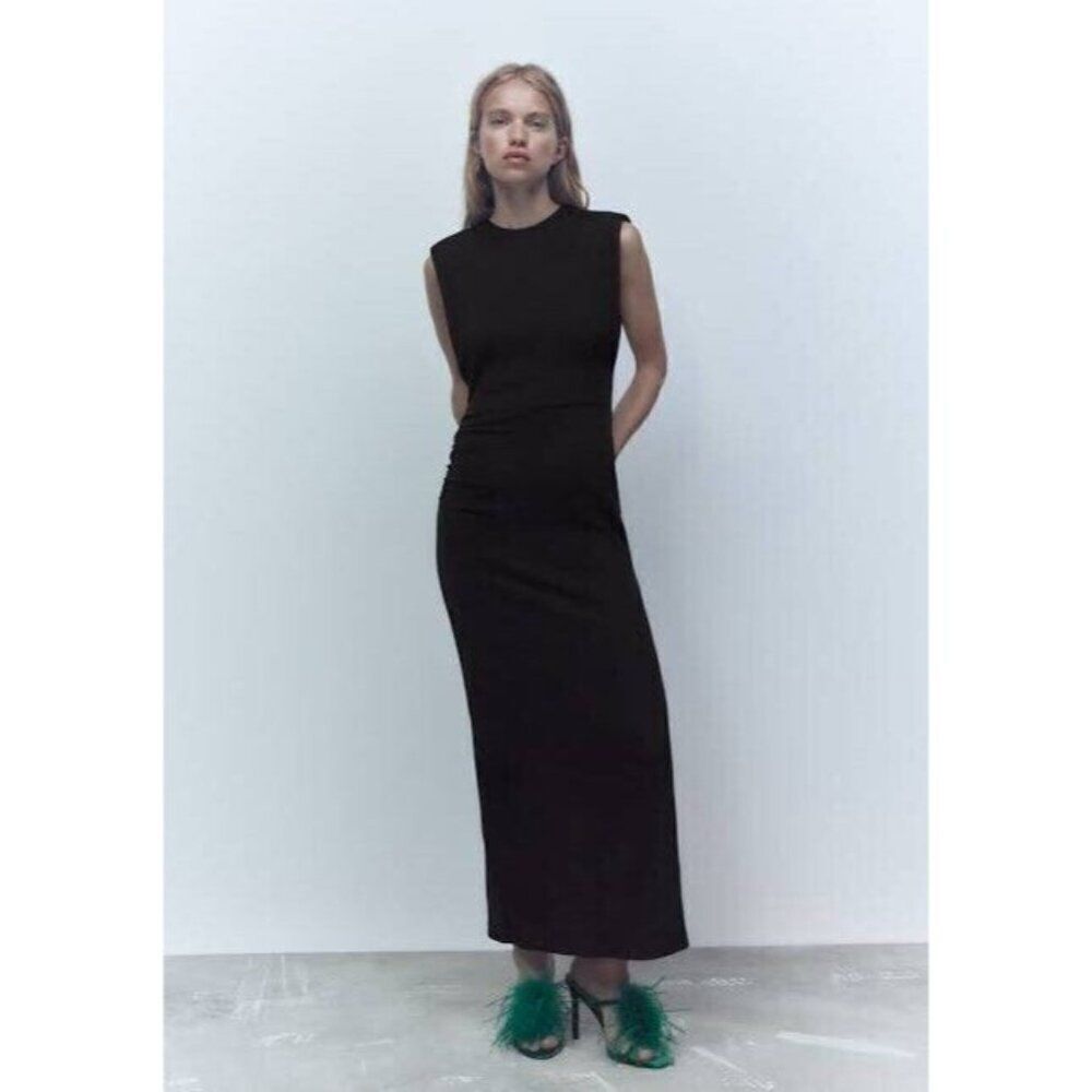 Zara Womens Midi Dress Small S Black Sleeveless side slits 8190/409 NWT